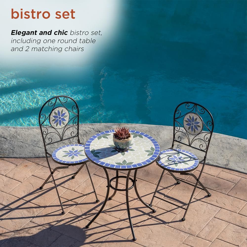 Blue and Beige Ceramic Mosaic Bistro Set with Steel Frame