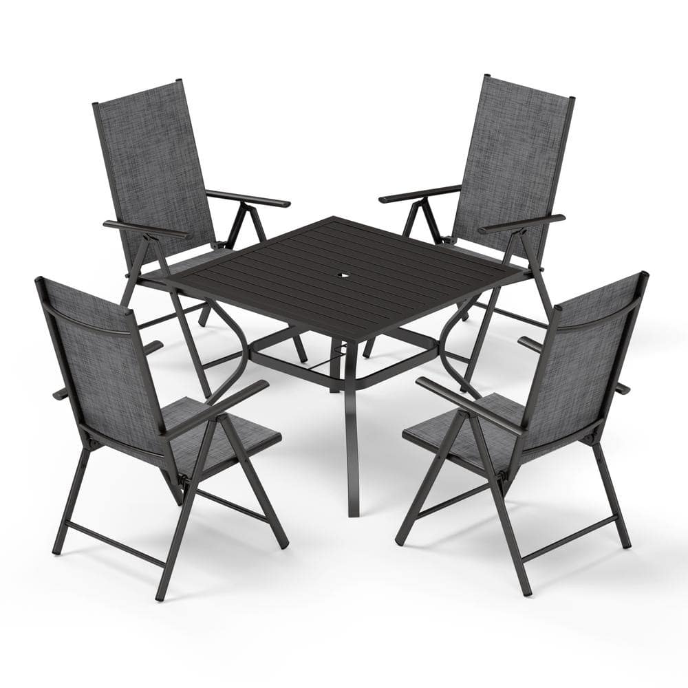 5-Pcs Metal Patio Outdoor Dining Set with Slat Square Table and Folding Reclining Sling Chairs -  PHI VILLA, THD5-S5-115