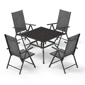 5-Pcs Metal Patio Outdoor Dining Set with Slat Square Table and Folding Reclining Sling Chairs