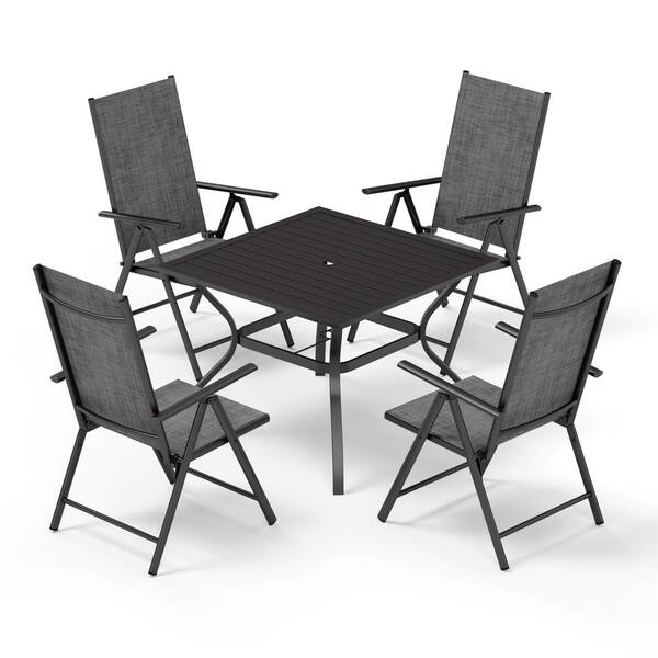 PHI VILLA 5-Pcs Metal Patio Outdoor Dining Set with Slat Square Table and Folding Reclining Sling Chairs