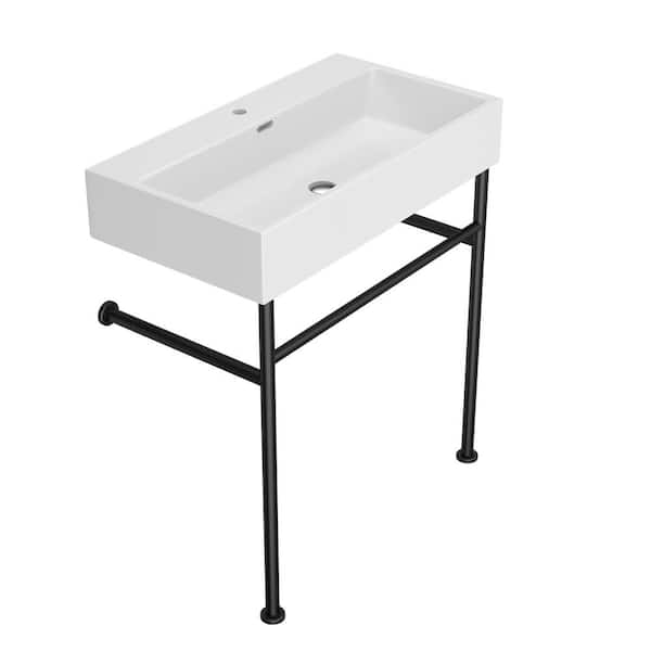 LORDEAR 30 in. x 17 in. Freestanding Rectangular Bathroom Console Sink Set with Black Support Legs Ceramic Utility Sink