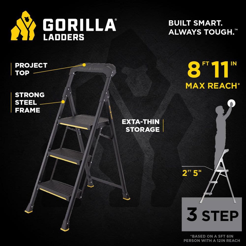 3-Step Black Steel Step Stool with Non-Slip Treads