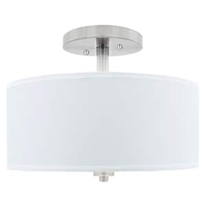 13 in. 2-Light Satin Nickel LED Semi-Flush Mount with White Fabric Drum Shade