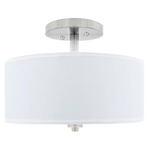 13 in. 2-Light Satin Nickel LED Semi-Flush Mount with White Fabric Drum Shade
