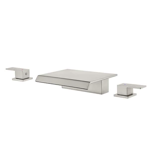 2-Handle Waterfall Deck-Mount Roman Tub Faucet Modern Brass 3 Hole Tub Fillers in. Brushed Nickel