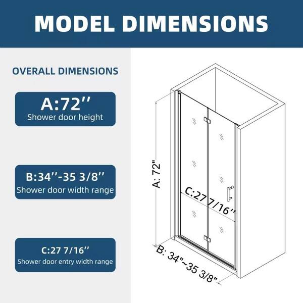 ANGELES HOME 34-35 3/8 in. W x 72 in. H Bi-Fold Semi-Frameless Shower Door in Matte Black Finish with 1/4 in. Tempered Clear Glass