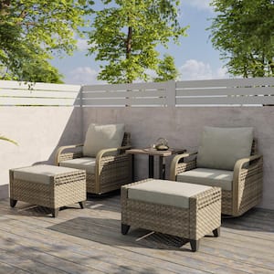 5-Piece Wicker Outdoor Patio Conversation Set Swivel Rocking Chair with Gray Cushions, Ottomans and Side Table