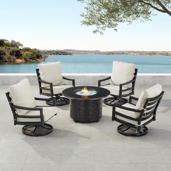 Oakland Living Black 7-Piece Aluminum Patio Fire Pit Set with 4-Club Chairs Light Grey Cushions