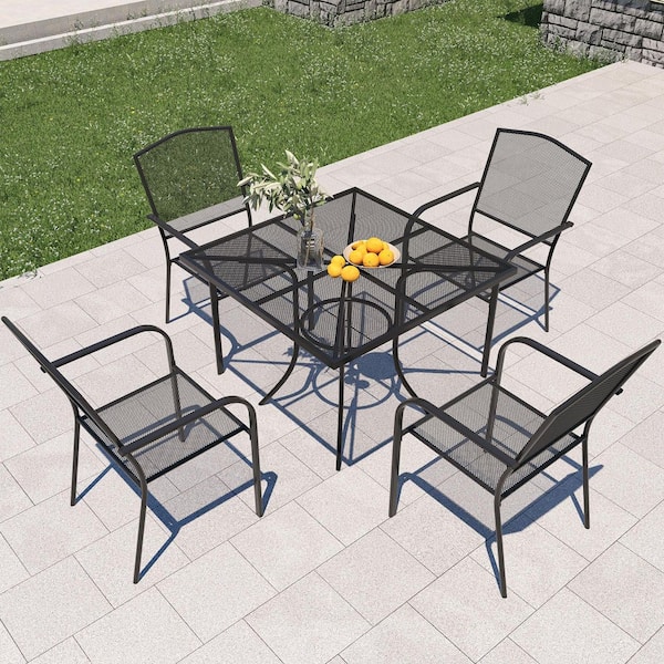 Clihome 5-Piece Metal Outdoor Dining Furniture Set with Umbrella Hole, Rustproof Steel Mesh, Random Umbrella