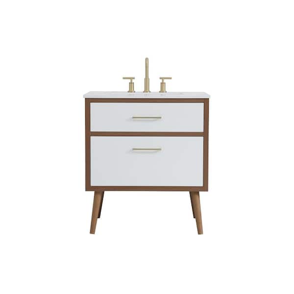 Unbranded Simply Living 30 in. W x 22 in. D x 33.5 in. H Bath Vanity in White with Ivory White Engineered Marble Top