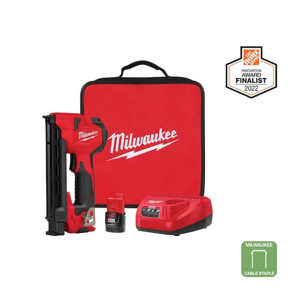 M12 12-Volt Lithium-Ion Cordless Cable Stapler Nailer Kit with 2.0Ah Battery, Charger and Bag