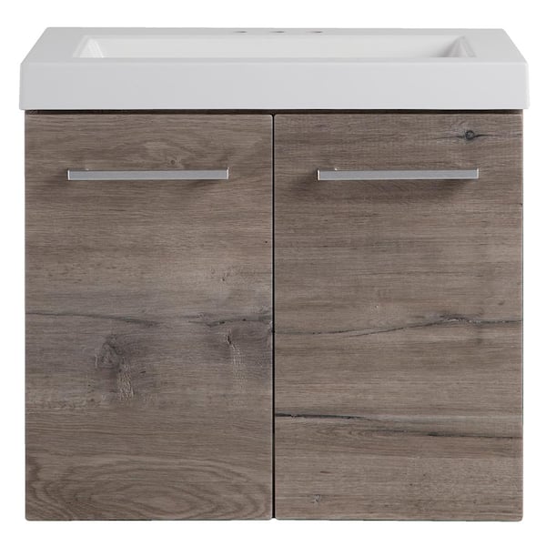 Domani Stella 24 in. W x 19 in. D Wall Hung Bath Vanity in White Washed Oak with Cultured Marble Vanity Top in White with Sink