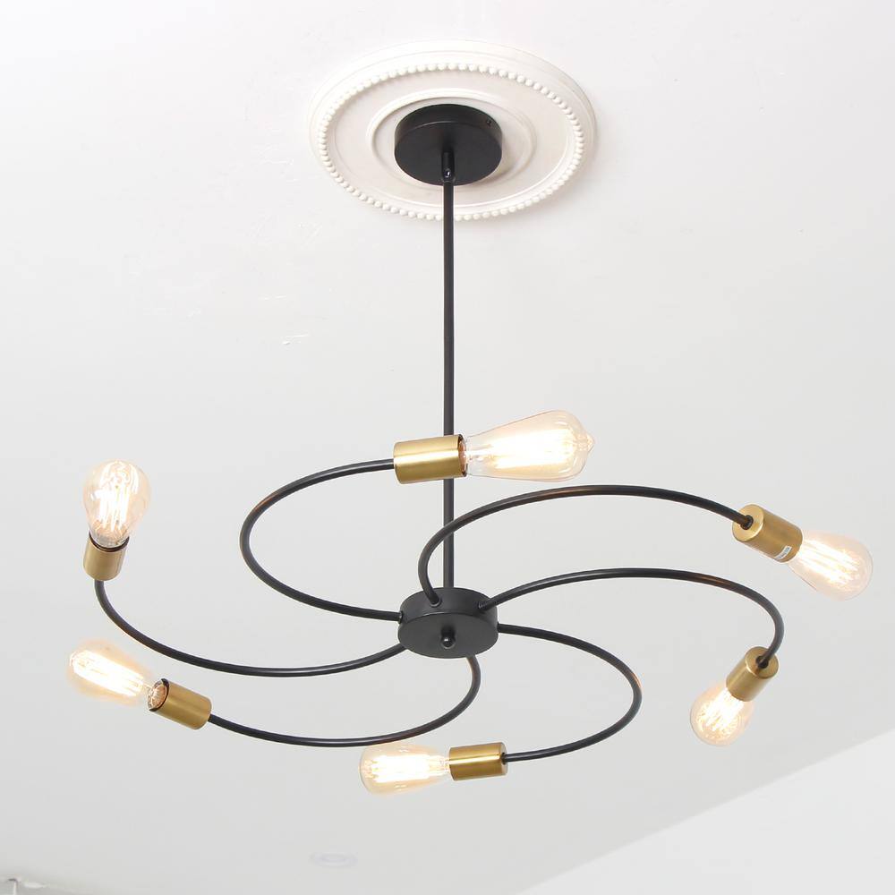 Black Metal 6-Light Sputnik Chandelier with Spiral Design