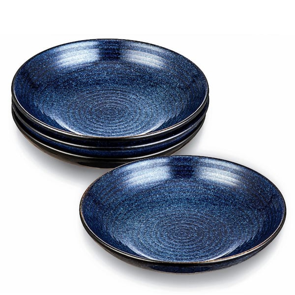 Ripple Design 34 fl. oz. Blue Stoneware Large Wide Shallow Salad and Pasta Bowls Set of 4 for Kitchen Serving