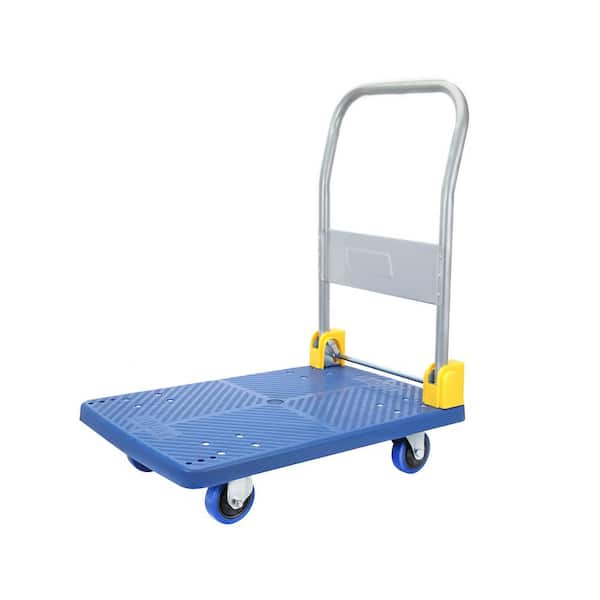 Blue 440 lb. D-Handle Foldable Push Hand Truck with 360-Degree Swivel Wheels for Loading and Storage