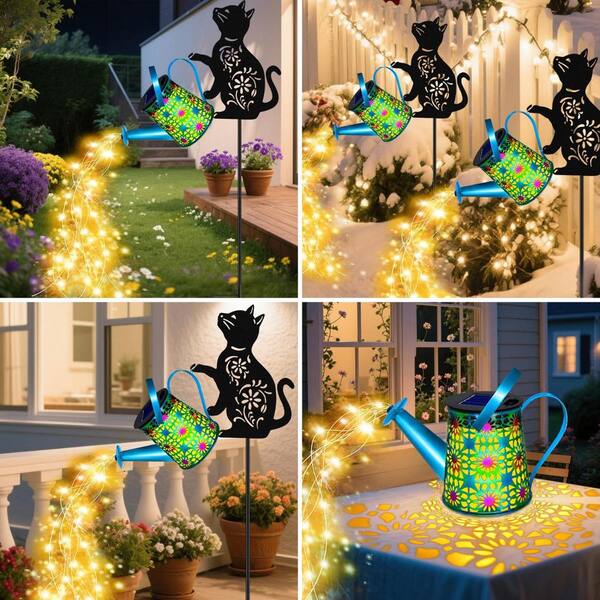 8 in. x 33 in. Blue Metal Black Cat Solar Watering Can Lights