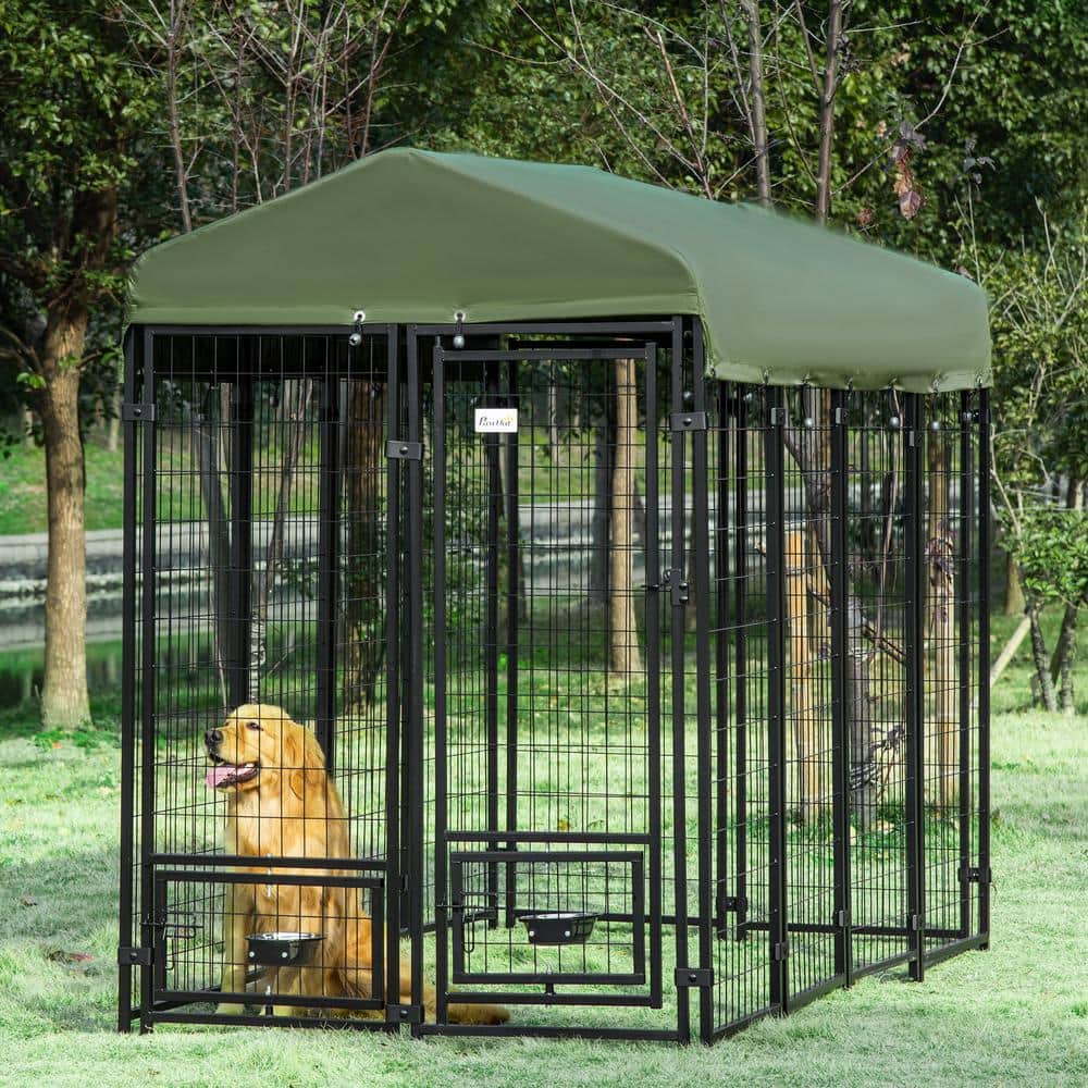 Outdoor Dark Green Steel Dog Kennel with Canopy