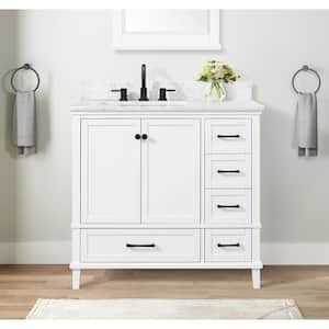 Merryfield 37 in. Single Sink Freestanding White Bath Vanity with White Carrara Marble Top (Assembled)