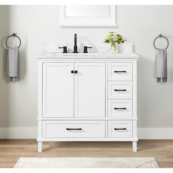 Merryfield 37 in. Single Sink White Bath Vanity with White Carrara Marble Top (Assembled)