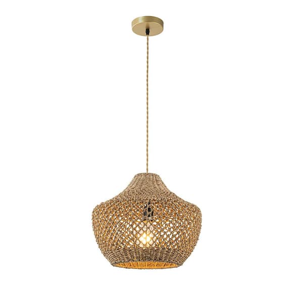 Eli 60-Watt 1-Light Brass Shaded Pendant Light with Natural Rattan Shade, No Blubs Included