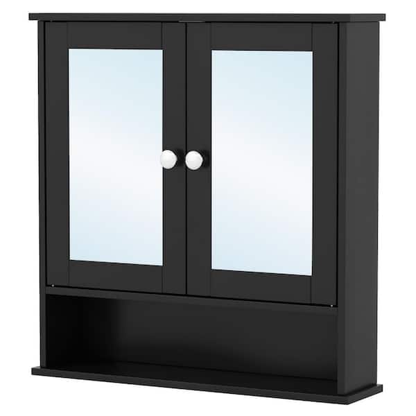 22 in. W x 23 in. H Rectangular Black MDF Surface Mount Medicine Cabinet with Mirror and Open Storage Shelves