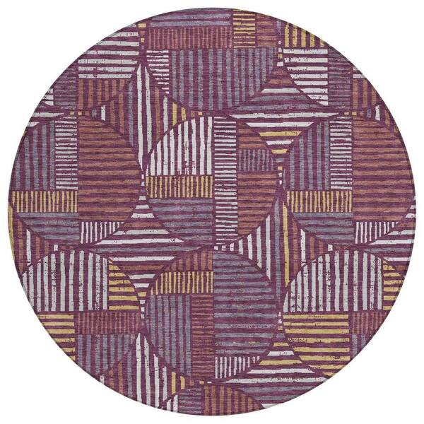 Chantille Machine Washable Indoor/Outdoor Abstract ACN2700 Eggplant 8 ft. x 8 ft. Round Rug