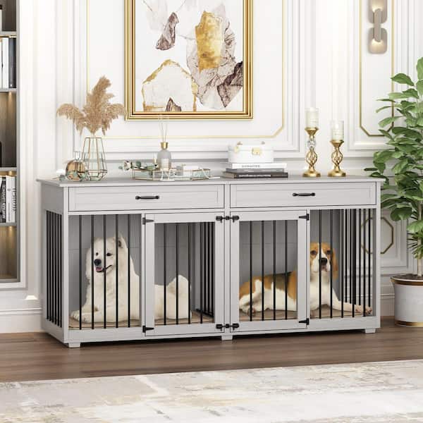FUFU&GAGA Large Dog Crate Furniture with 2 Drawers, Indoor Wooden Double Dog Crate Kennel Furniture for S M L Dogs, Gray