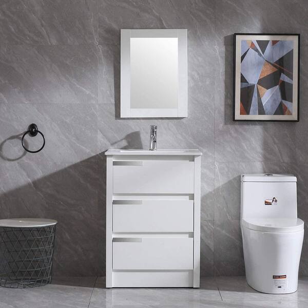 Wonline Wonline 23.62 in. W x 17.72 in. D x 33.46 in. H Single Sink Bath Vanity in White with White Ceramic Top and Mirror