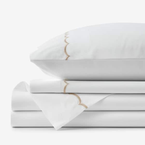 The Company Store Legends Hotel Embroidered Scallop Tan Geometric Cotton Percale Queen Sheet Set