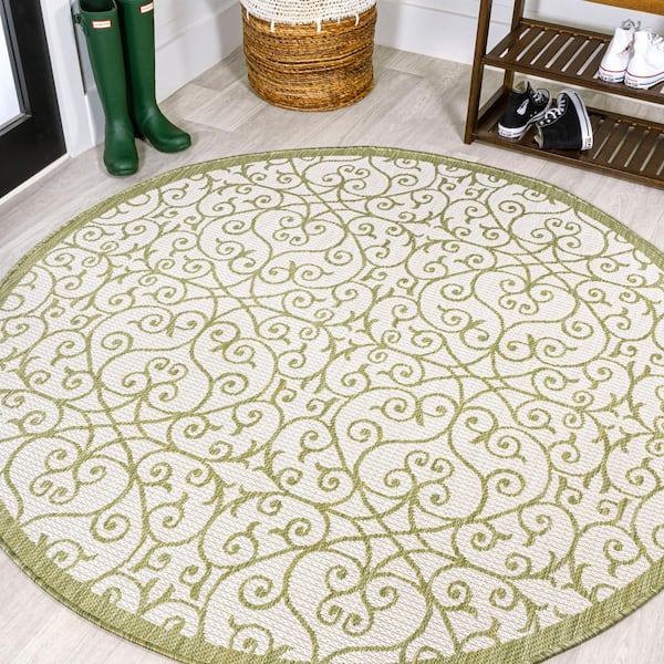 Madrid Vintage Filigree Textured Weave Green/Cream 5 ft. Round Indoor/Outdoor Area Rug