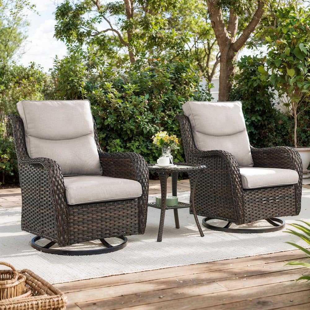 Smiley 3-Piece Outdoor Swivel Glider Brown Wicker Patio Conversation Set with Olefin 5 in. Thick Beige Cushions price history on PriceWatchPro