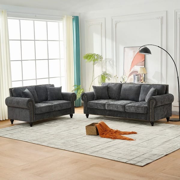 Mona 2-Piece 86.5 in. Rolled Arm Chenille Rectangle 3 plus 2 Seater Sofa in. Beige with Wood Legs Nailhead Trim Pillows