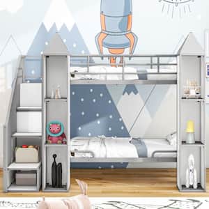 Metal Twin over Twin Castle-shaped Bunk Bed with Wardrobe and Multiple Storage, Gray/White