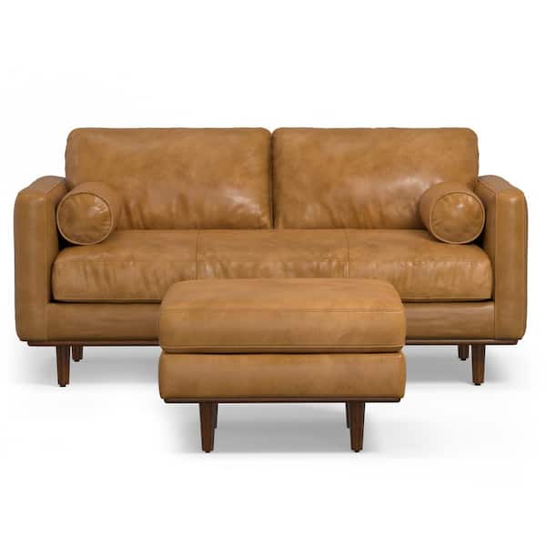 Simpli Home Morrison 72 inch in. Straight Arm Genuine Faux Leather Rectangle Mid-Century Modern Wide Sofa Set in. Sienna