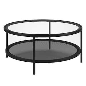 36 in. Black Round Glass Coffee Table with Shelves;Storage