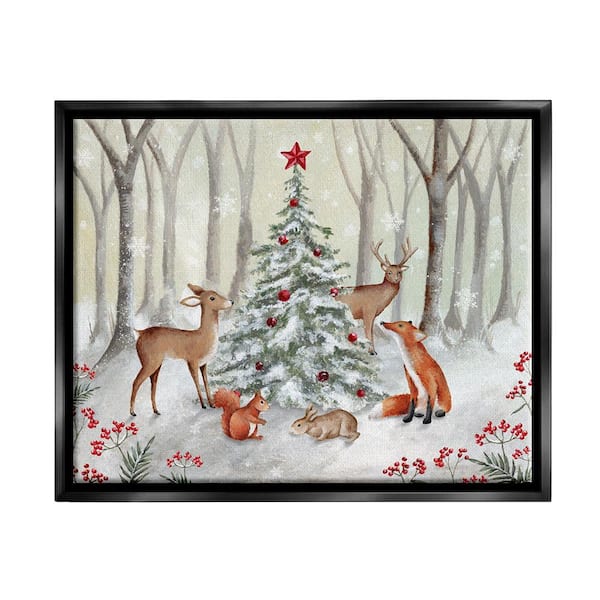 Stupell Industries Forest Animal & Christmas Tree by Emma Leach 1-Piece Floater Frame Graphic Print Animal Poster Art Print 31 in. x 25 in.