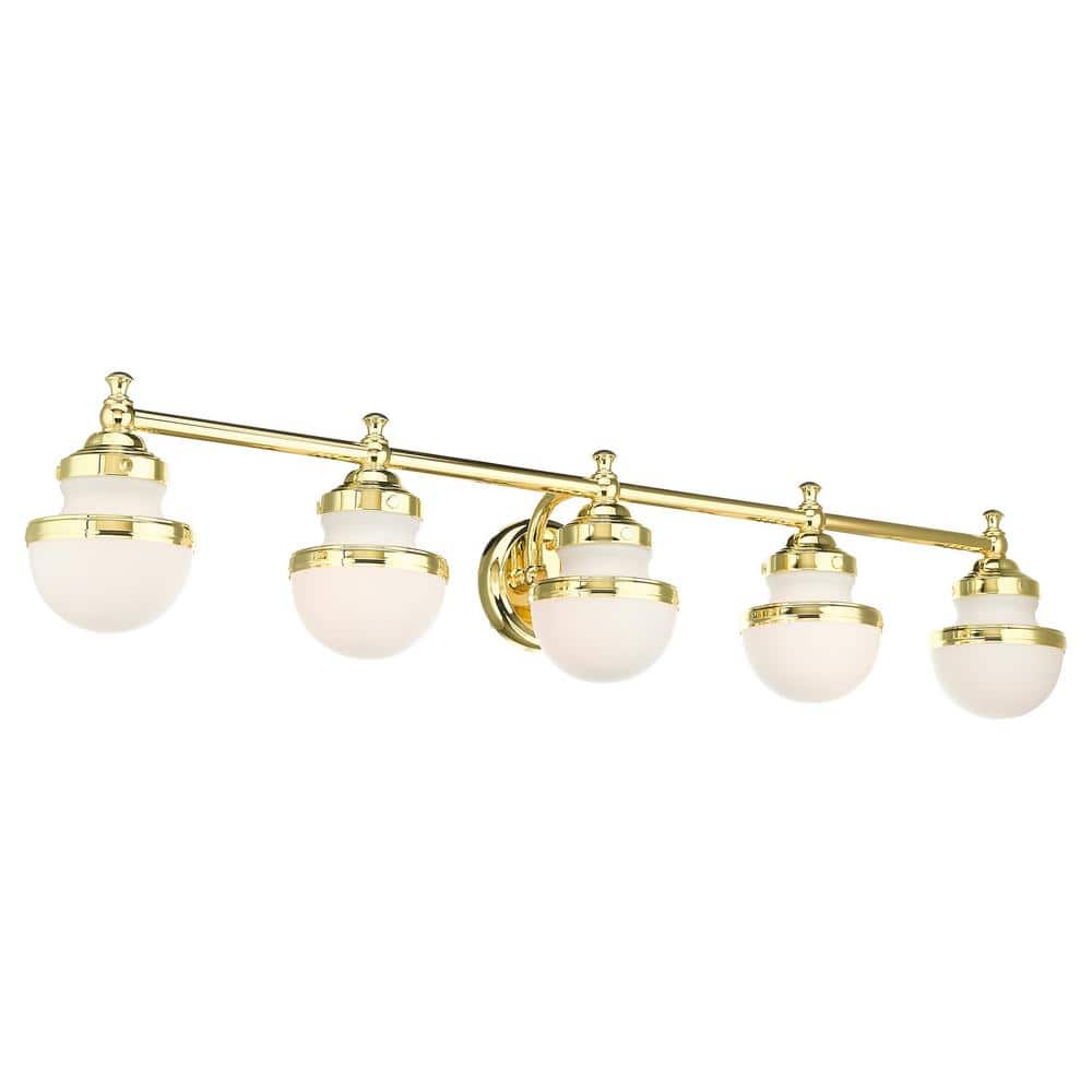 Polished Brass 5-Light Vanity with Satin Opal Glass
