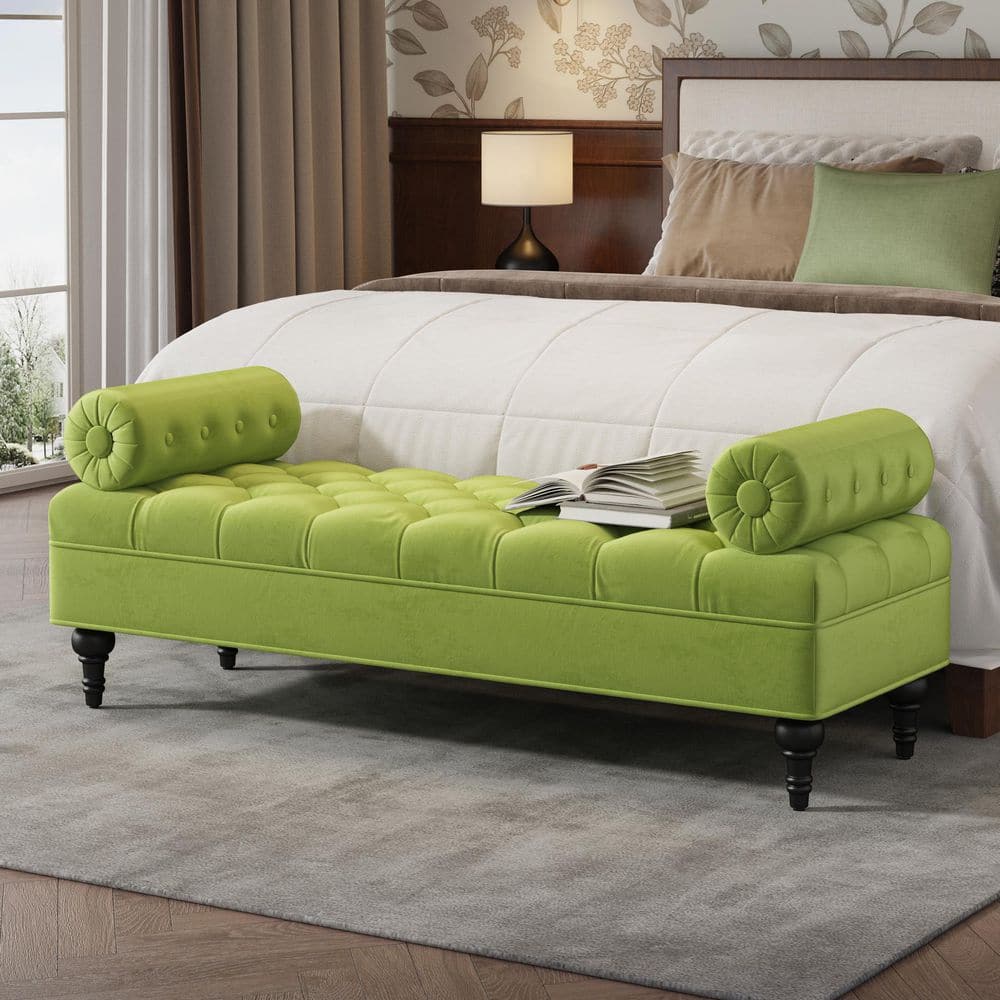Yverra French Green Velvet Button Tufted Upholstered Rectangle Bedroom Bench Ottoman with Detachable Pillows price history on PriceWatchPro