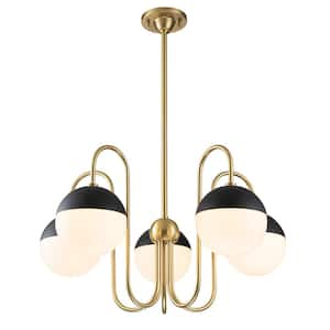 5-Light Antique Plating Gold Mid-Century Modern Sphere Chandelier with Opal Glass Shades