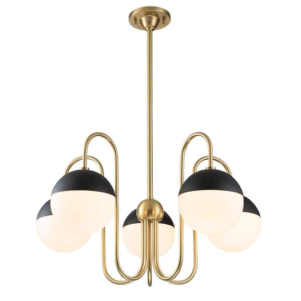 Y'INSP 5-Light Antique Plating Gold Mid-Century Modern Sphere Chandelier with Opal Glass Shades