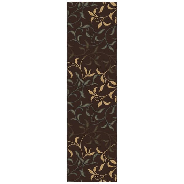 Ottohome Collection Non-Slip Rubberback Leaves Design 2x7 Indoor Runner Rug, 1 ft. 10 in. x 7 ft., Dark Brown
