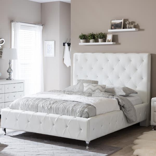 READY TO SHIP White Faux Leather King Size Platform Bed and Matching  Footboard With Mirrors -  Canada