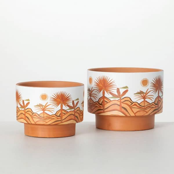 5 in. and 6 and Desert Landscape Scene Clay Planter Set of 2, Orange