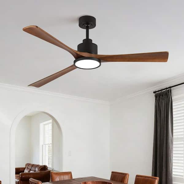 52 in. Smart Black APP and Remote Control 6-Speed Solid Wood Brown Blade Ceiling Fan w/ 3-Color LED Light and 2-Downrods