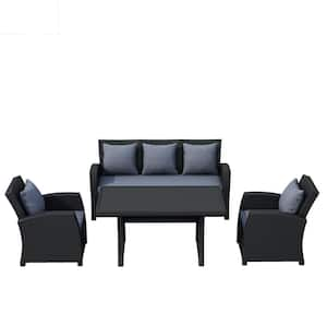 Black 4-Piece Wicker Patio Conversation Sectional Seating Set with Gray Cushions