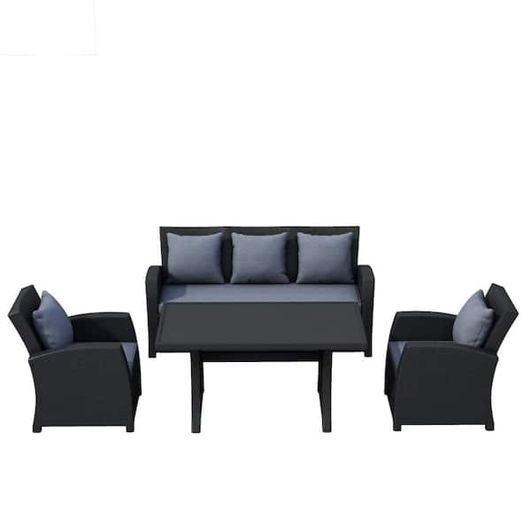 Willit Black 4-Piece Wicker Patio Conversation Sectional Seating Set with Gray Cushions