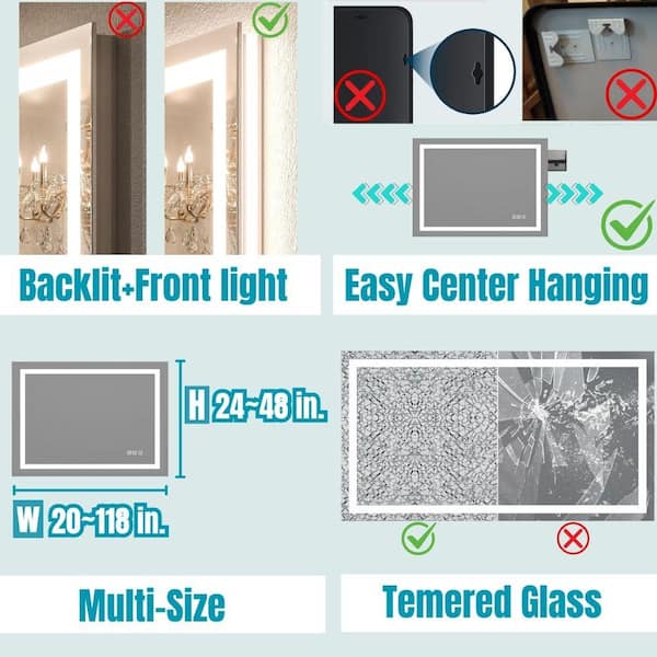 Backlit and Front Light 24 in. W x 36 in. H Rectangular Frameless Wall Bathroom Vanity Mirror