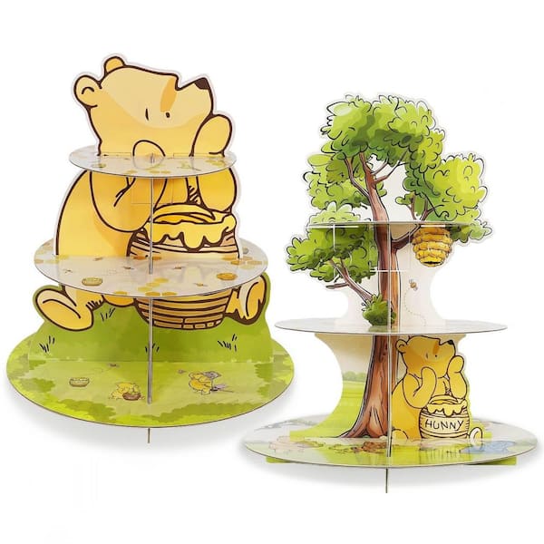 2-Piece 2-Tier Vintage Cream Winnie Bear Cardstock Cupcake Stand Set for Baby Shower Birthday Dessert Tables