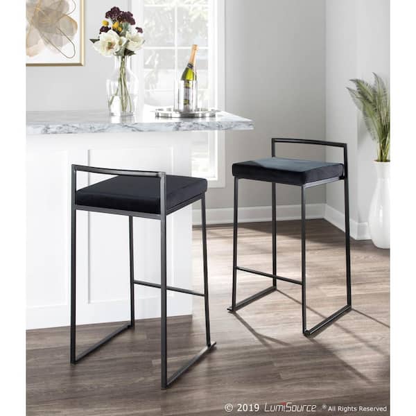 Fuji 26 in. Black Stackable Counter Stool with Black Velvet Cushion (Set of 2)