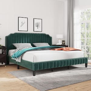 Green Wood Frame King Size Upholstered Platform Bed with Headboard, Modern Linen Curved Platform Bed with Nailhead Trim